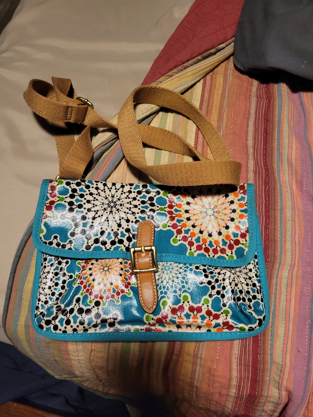 Fossil Turquoise Multicolor Patterned Crossbody Bag with Tan Strap